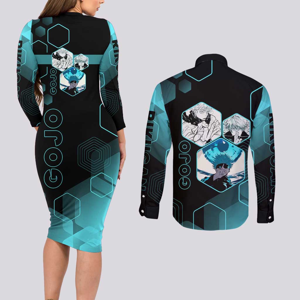 Gojo Satoru Jujutsu Kaisen Blue Hexagon Pattern Couples Matching Long Sleeve Bodycon Dress and Long Sleeve Button Shirt with Intense Expressions and Modern Anime Art - The Mazicc