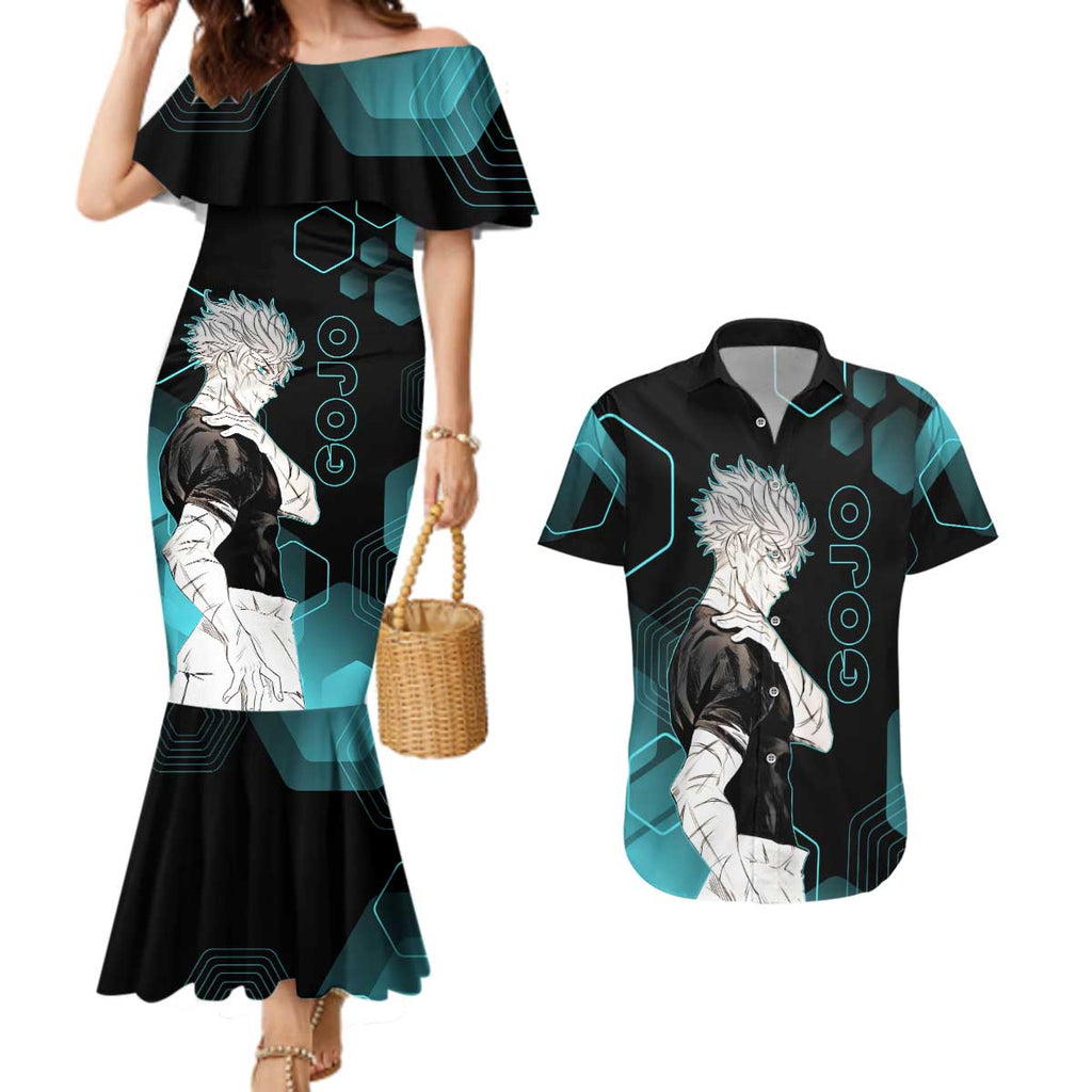 Gojo Satoru Jujutsu Kaisen Blue Hexagon Pattern Couples Matching Mermaid Dress and Hawaiian Shirt with Intense Expressions and Modern Anime Art - The Mazicc