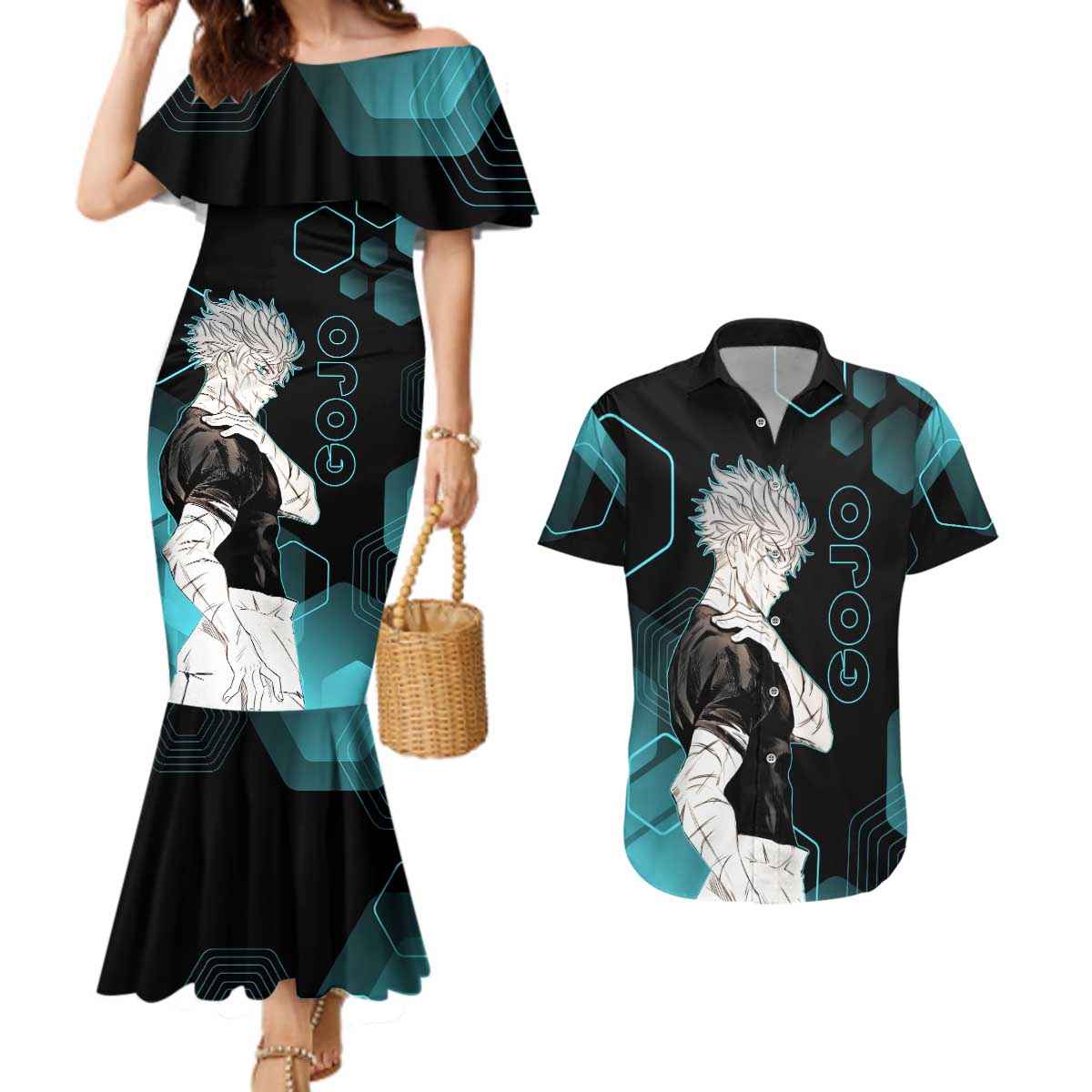 Gojo Satoru Jujutsu Kaisen Blue Hexagon Pattern Couples Matching Mermaid Dress and Hawaiian Shirt with Intense Expressions and Modern Anime Art - The Mazicc