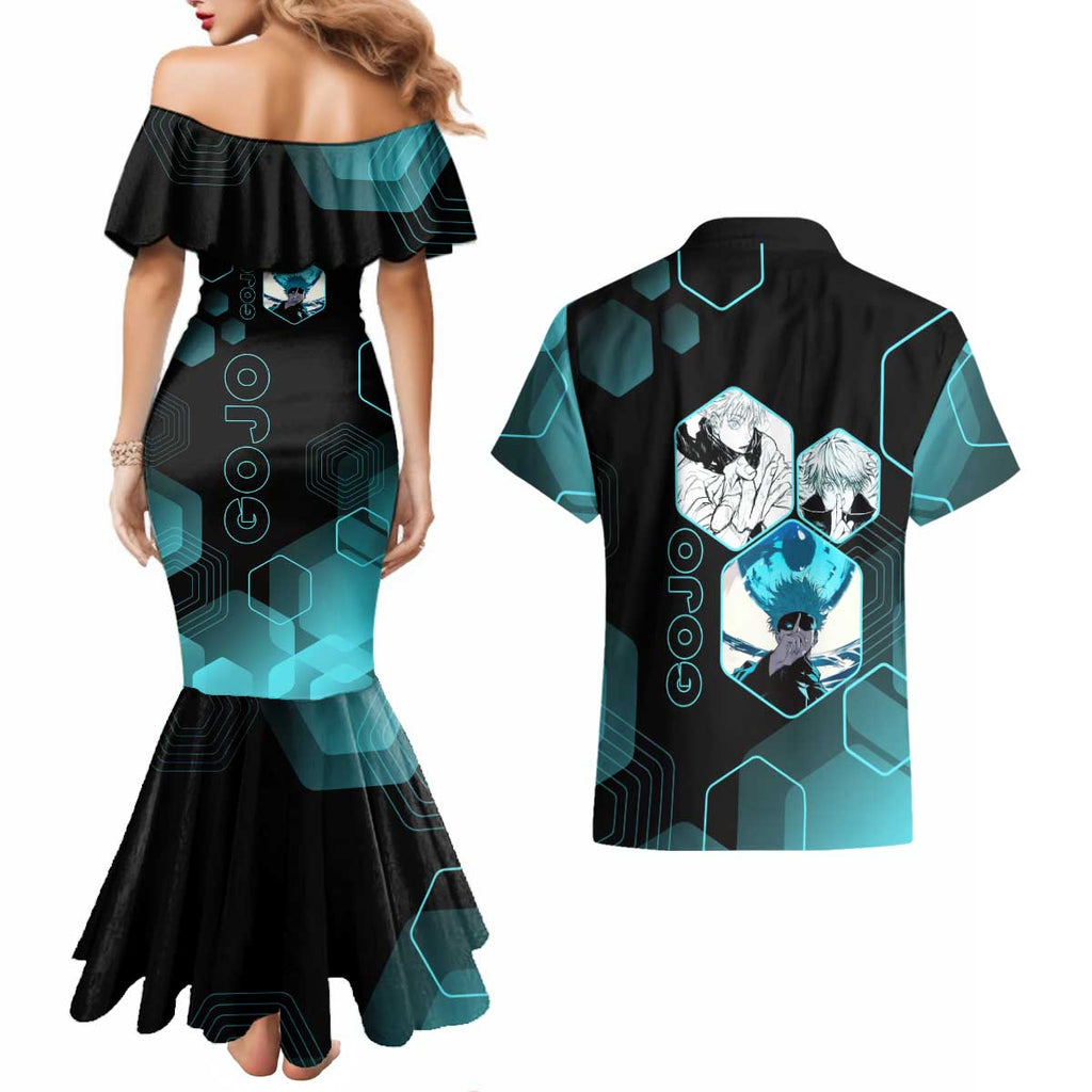 Gojo Satoru Jujutsu Kaisen Blue Hexagon Pattern Couples Matching Mermaid Dress and Hawaiian Shirt with Intense Expressions and Modern Anime Art - The Mazicc
