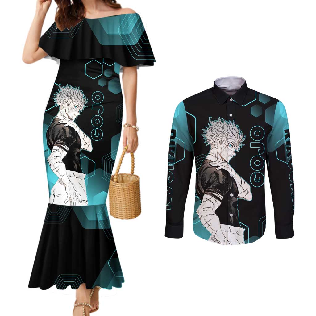 Gojo Satoru Jujutsu Kaisen Blue Hexagon Pattern Couples Matching Mermaid Dress and Long Sleeve Button Shirt with Intense Expressions and Modern Anime Art - The Mazicc