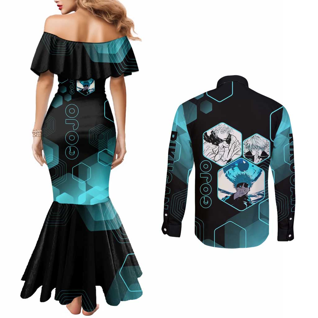 Gojo Satoru Jujutsu Kaisen Blue Hexagon Pattern Couples Matching Mermaid Dress and Long Sleeve Button Shirt with Intense Expressions and Modern Anime Art - The Mazicc
