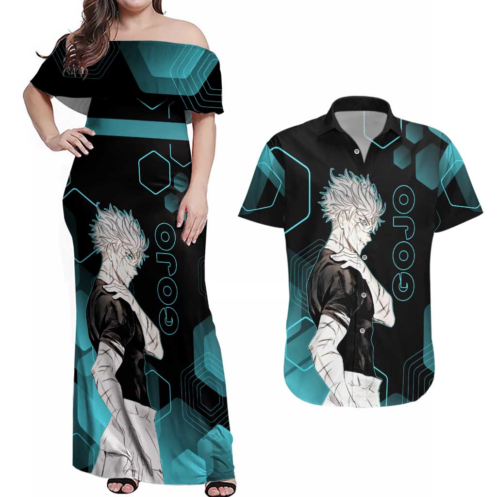 Gojo Satoru Jujutsu Kaisen Blue Hexagon Pattern Couples Matching Off Shoulder Maxi Dress and Hawaiian Shirt with Intense Expressions and Modern Anime Art - The Mazicc