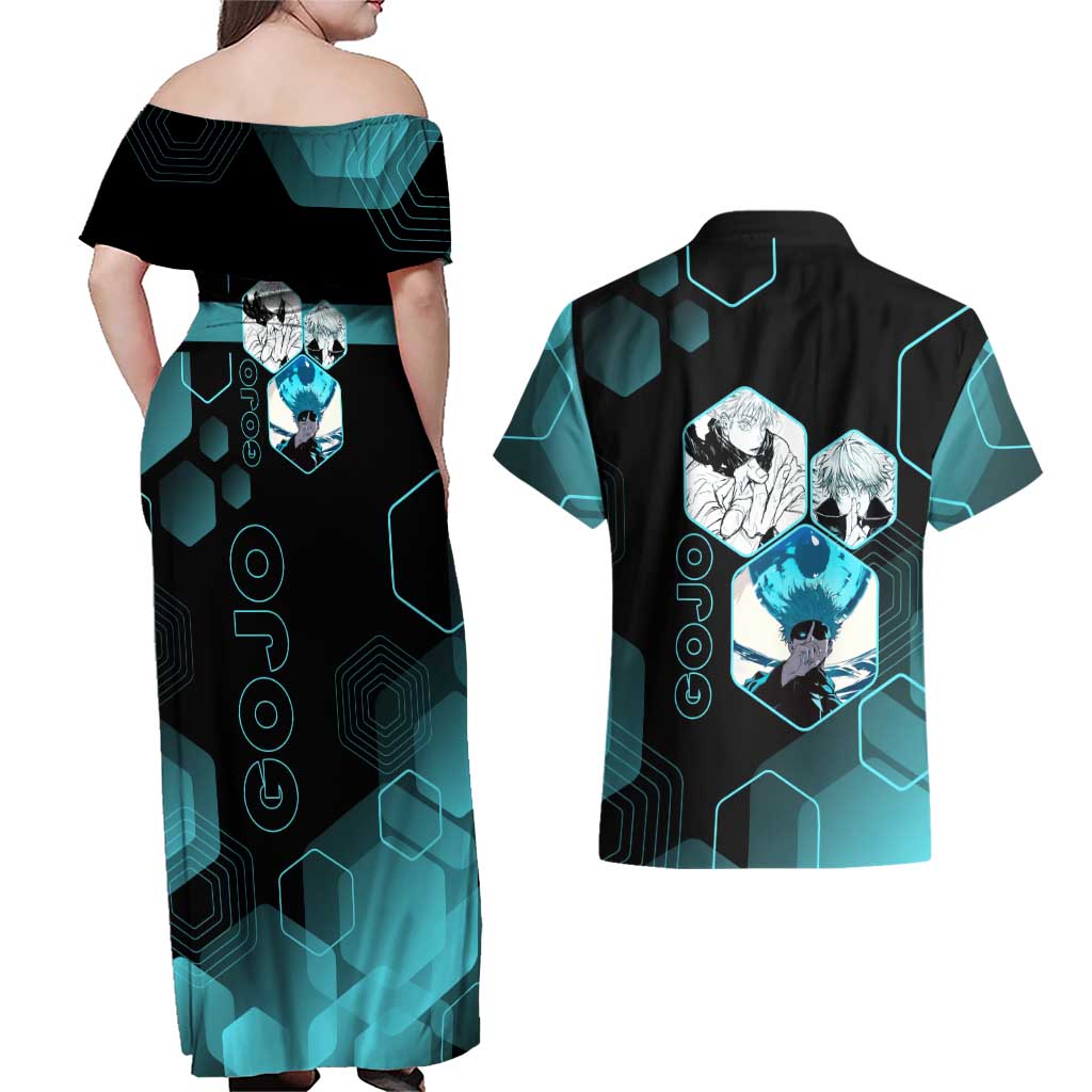 Gojo Satoru Jujutsu Kaisen Blue Hexagon Pattern Couples Matching Off Shoulder Maxi Dress and Hawaiian Shirt with Intense Expressions and Modern Anime Art - The Mazicc