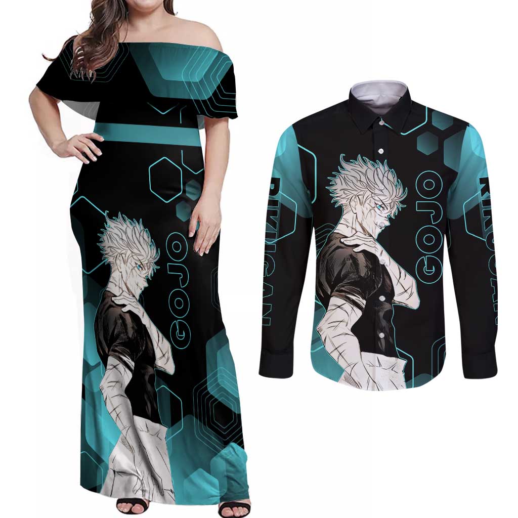 Gojo Satoru Jujutsu Kaisen Blue Hexagon Pattern Couples Matching Off Shoulder Maxi Dress and Long Sleeve Button Shirt with Intense Expressions and Modern Anime Art - The Mazicc