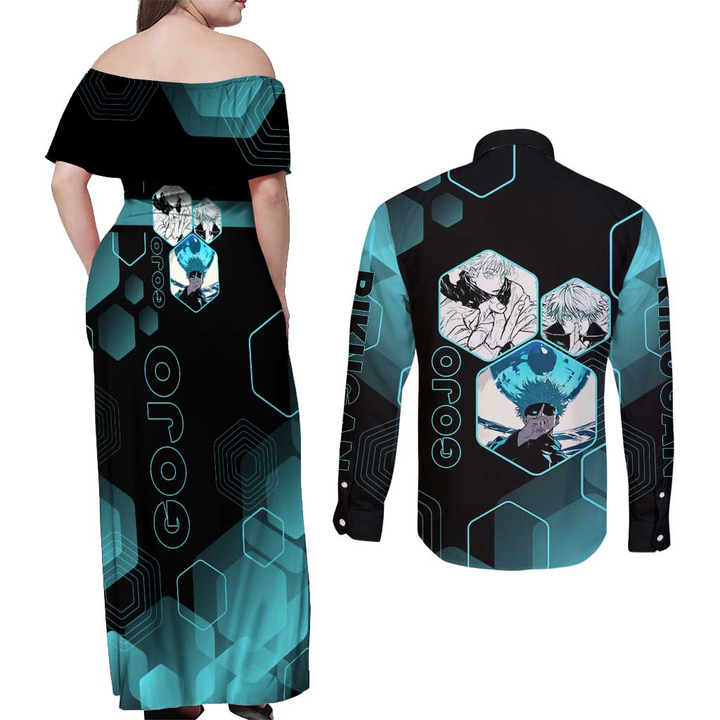 Gojo Satoru Jujutsu Kaisen Blue Hexagon Pattern Couples Matching Off Shoulder Maxi Dress and Long Sleeve Button Shirt with Intense Expressions and Modern Anime Art - The Mazicc
