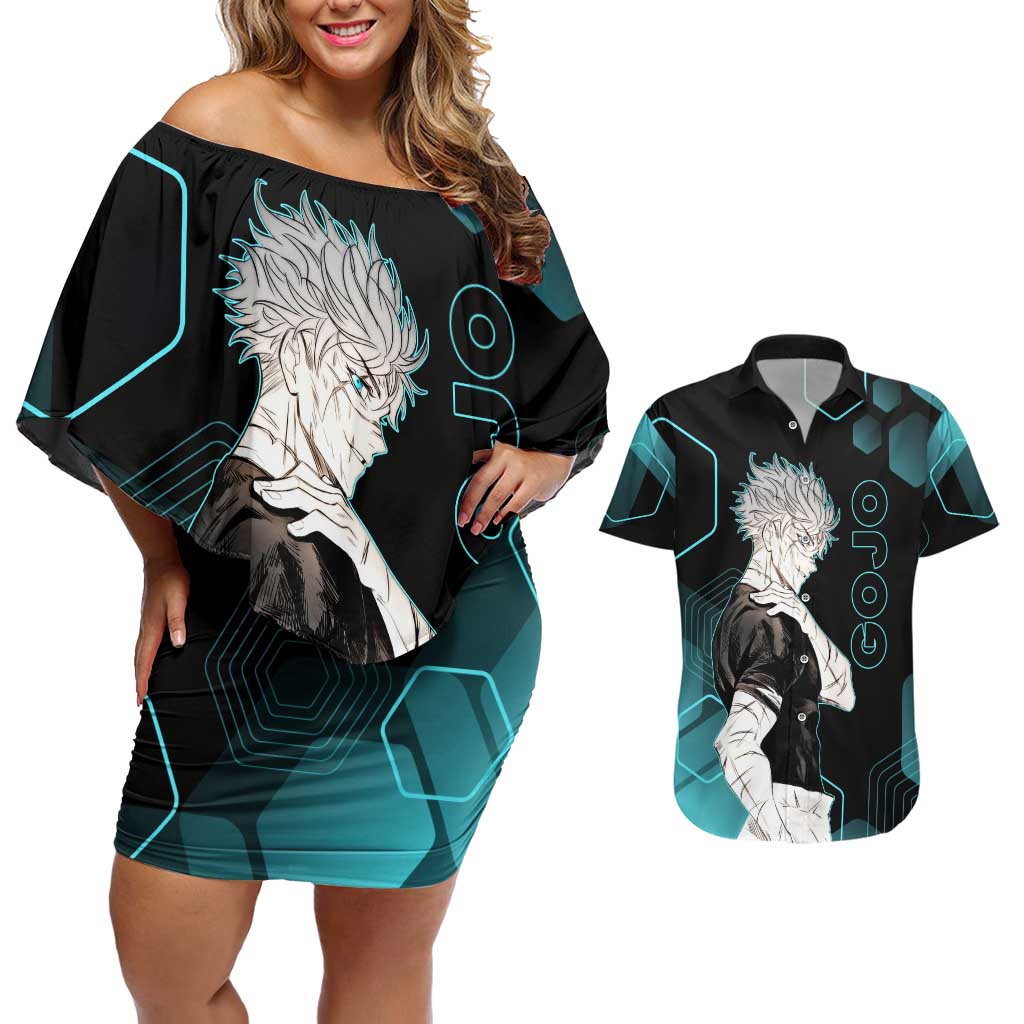 Gojo Satoru Jujutsu Kaisen Blue Hexagon Pattern Couples Matching Off Shoulder Short Dress and Hawaiian Shirt with Intense Expressions and Modern Anime Art - The Mazicc
