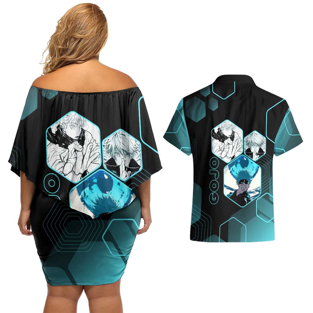 Gojo Satoru Jujutsu Kaisen Blue Hexagon Pattern Couples Matching Off Shoulder Short Dress and Hawaiian Shirt with Intense Expressions and Modern Anime Art - The Mazicc
