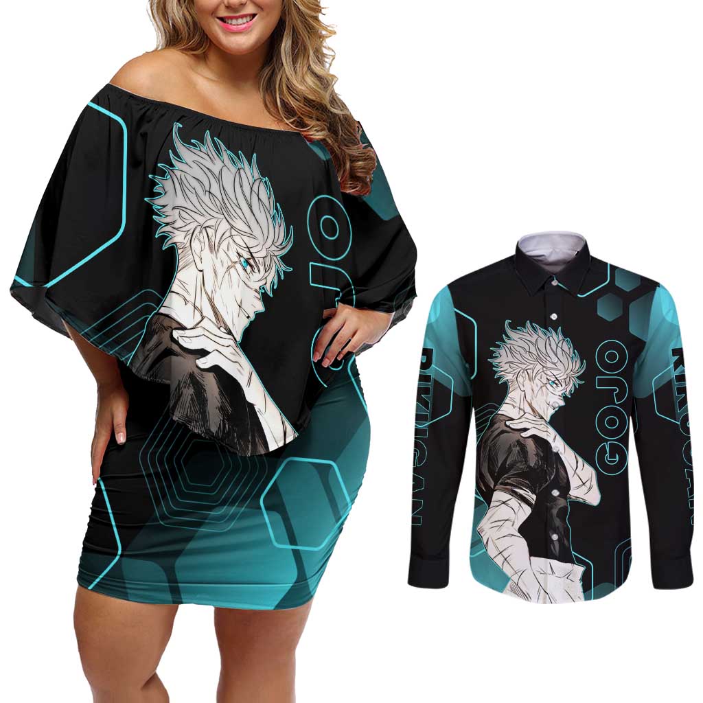Gojo Satoru Jujutsu Kaisen Blue Hexagon Pattern Couples Matching Off Shoulder Short Dress and Long Sleeve Button Shirt with Intense Expressions and Modern Anime Art - The Mazicc