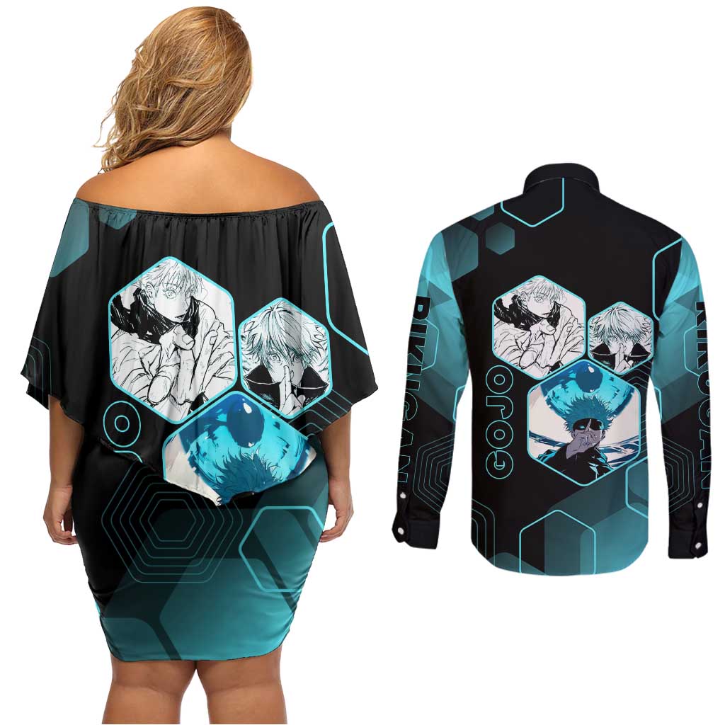 Gojo Satoru Jujutsu Kaisen Blue Hexagon Pattern Couples Matching Off Shoulder Short Dress and Long Sleeve Button Shirt with Intense Expressions and Modern Anime Art - The Mazicc