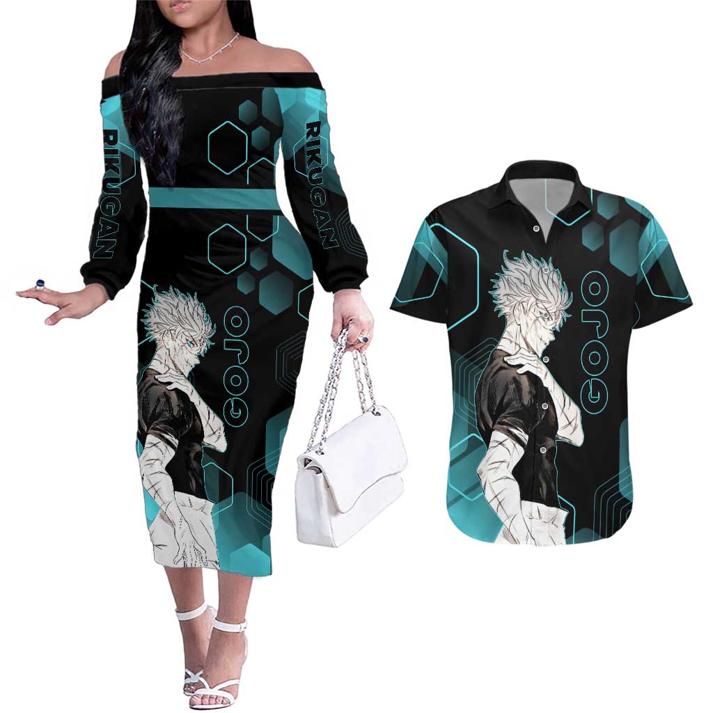 Gojo Satoru Jujutsu Kaisen Blue Hexagon Pattern Couples Matching Off The Shoulder Long Sleeve Dress and Hawaiian Shirt with Intense Expressions and Modern Anime Art - The Mazicc