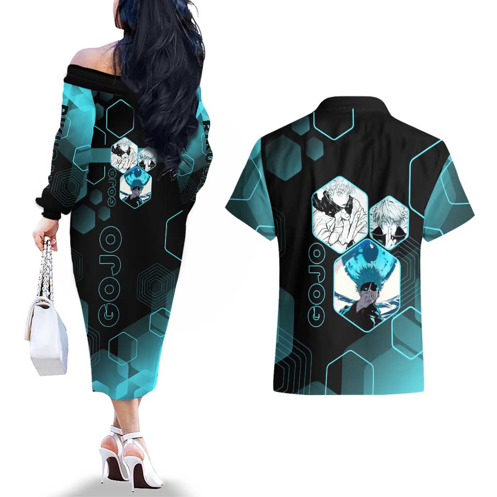 Gojo Satoru Jujutsu Kaisen Blue Hexagon Pattern Couples Matching Off The Shoulder Long Sleeve Dress and Hawaiian Shirt with Intense Expressions and Modern Anime Art - The Mazicc