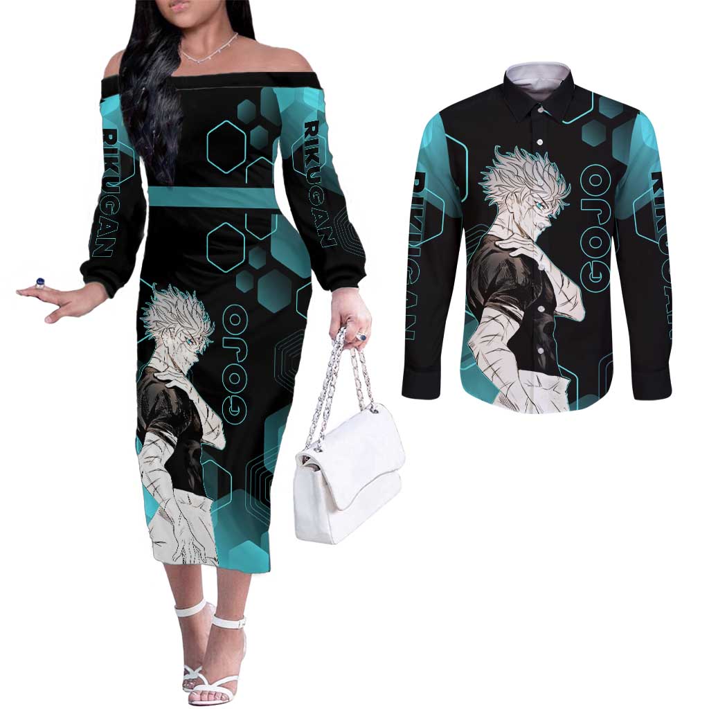 Gojo Satoru Jujutsu Kaisen Blue Hexagon Pattern Couples Matching Off The Shoulder Long Sleeve Dress and Long Sleeve Button Shirt with Intense Expressions and Modern Anime Art - The Mazicc