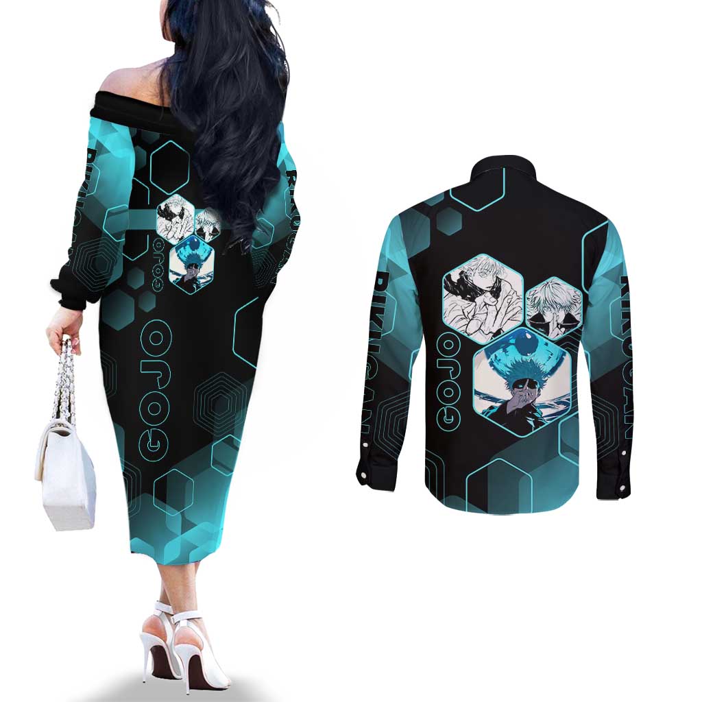 Gojo Satoru Jujutsu Kaisen Blue Hexagon Pattern Couples Matching Off The Shoulder Long Sleeve Dress and Long Sleeve Button Shirt with Intense Expressions and Modern Anime Art - The Mazicc