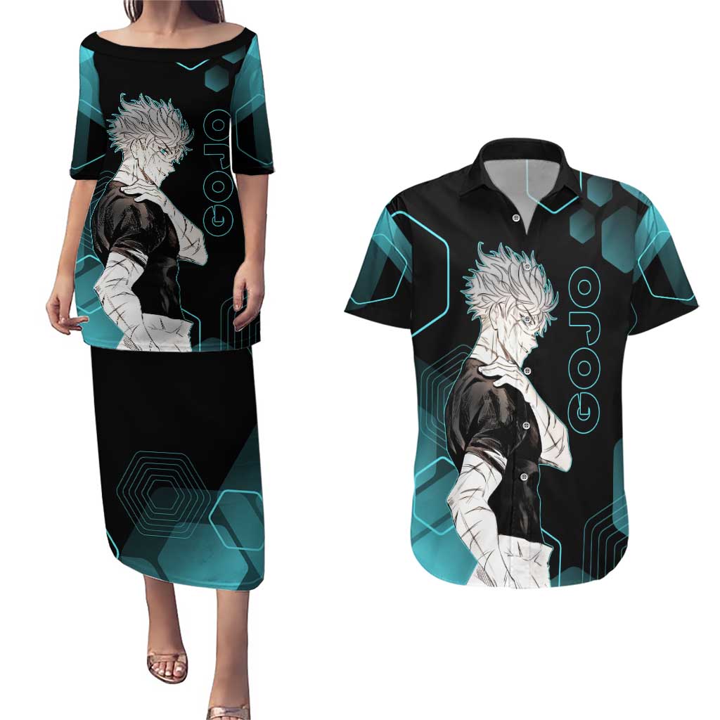 Gojo Satoru Jujutsu Kaisen Blue Hexagon Pattern Couples Matching Puletasi and Hawaiian Shirt with Intense Expressions and Modern Anime Art - The Mazicc