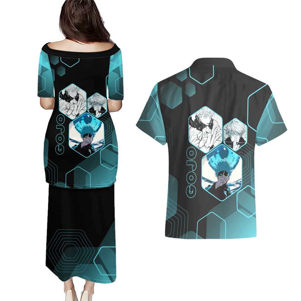 Gojo Satoru Jujutsu Kaisen Blue Hexagon Pattern Couples Matching Puletasi and Hawaiian Shirt with Intense Expressions and Modern Anime Art - The Mazicc