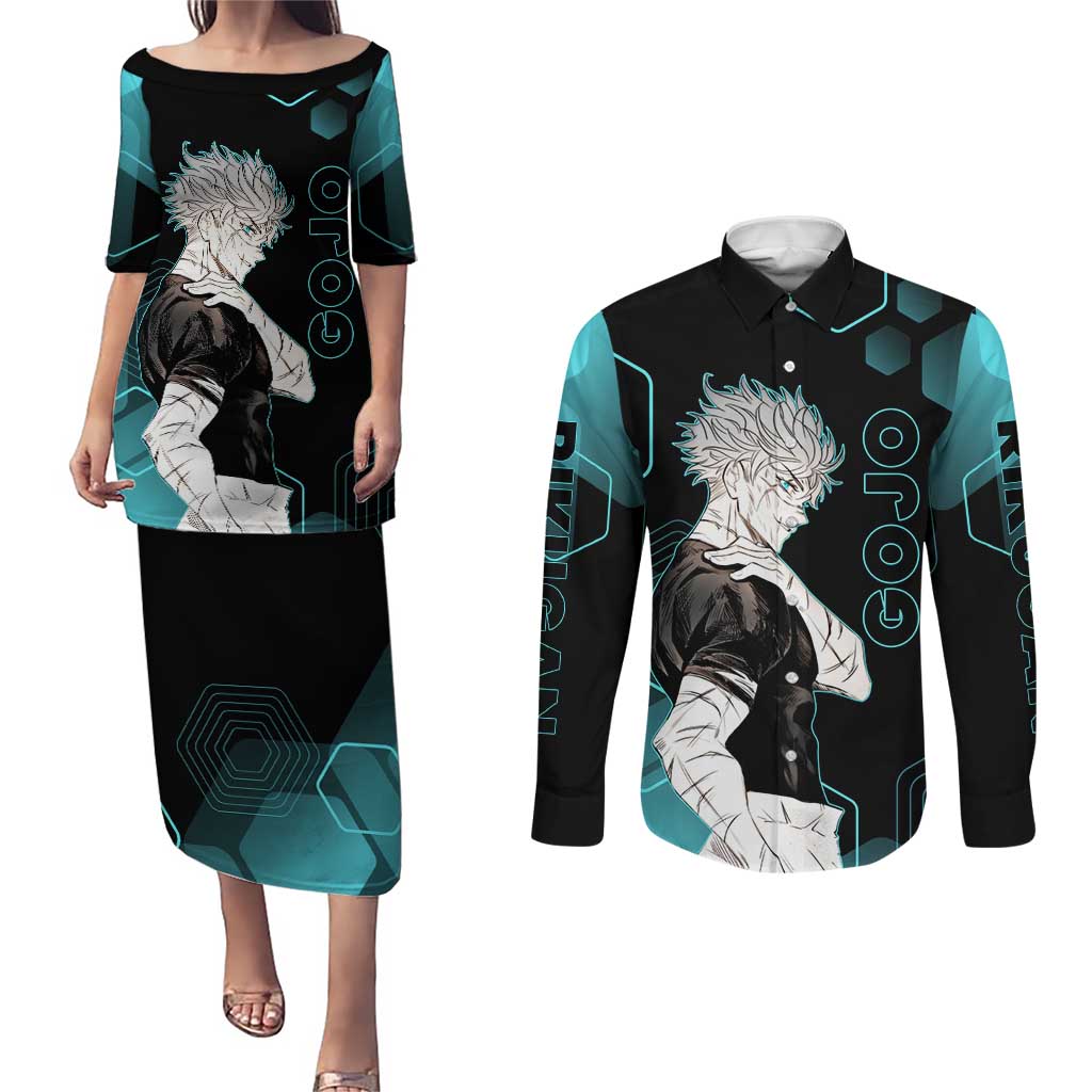 Gojo Satoru Jujutsu Kaisen Blue Hexagon Pattern Couples Matching Puletasi and Long Sleeve Button Shirt with Intense Expressions and Modern Anime Art - The Mazicc