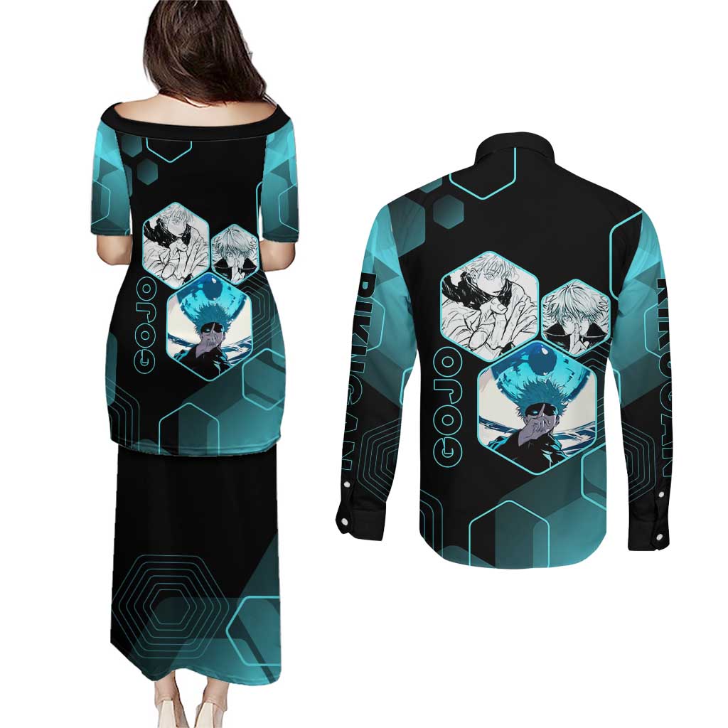 Gojo Satoru Jujutsu Kaisen Blue Hexagon Pattern Couples Matching Puletasi and Long Sleeve Button Shirt with Intense Expressions and Modern Anime Art - The Mazicc