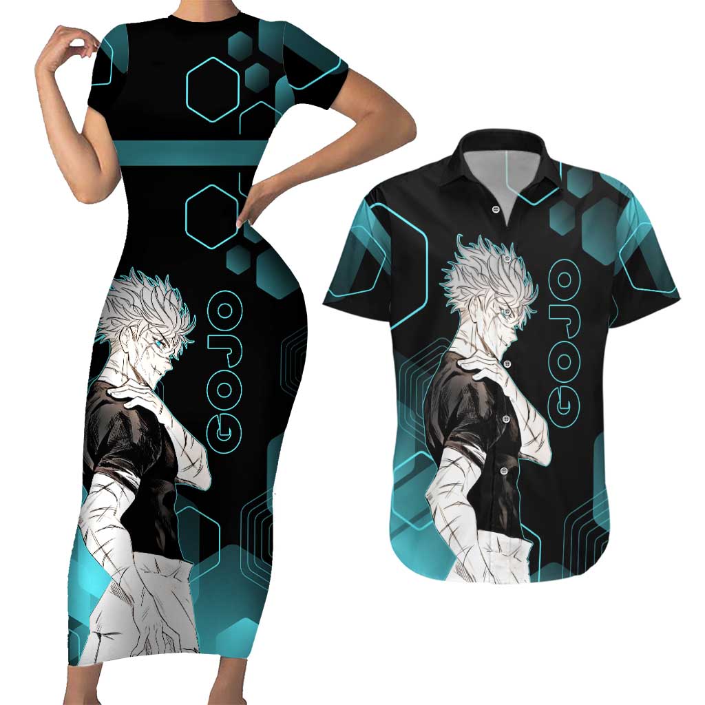 Gojo Satoru Jujutsu Kaisen Blue Hexagon Pattern Couples Matching Short Sleeve Bodycon Dress and Hawaiian Shirt with Intense Expressions and Modern Anime Art - The Mazicc