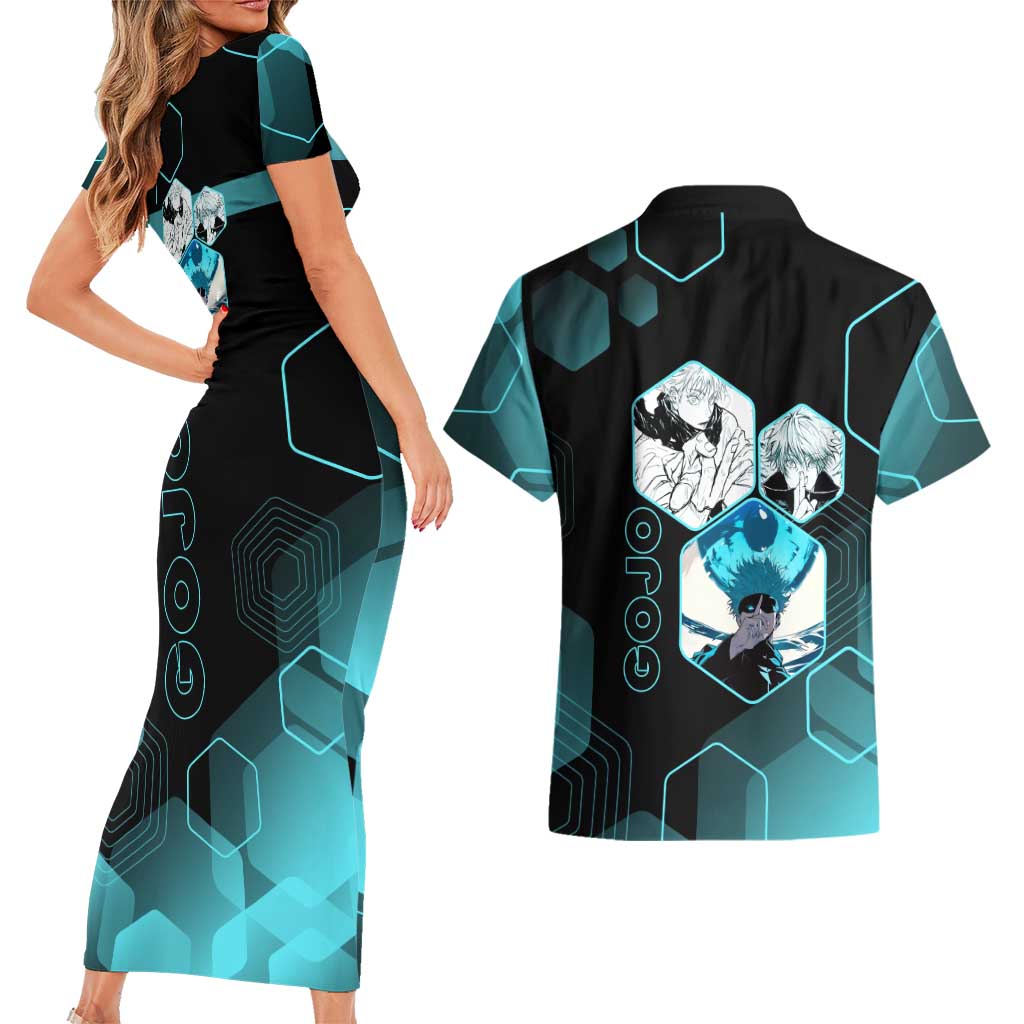 Gojo Satoru Jujutsu Kaisen Blue Hexagon Pattern Couples Matching Short Sleeve Bodycon Dress and Hawaiian Shirt with Intense Expressions and Modern Anime Art - The Mazicc