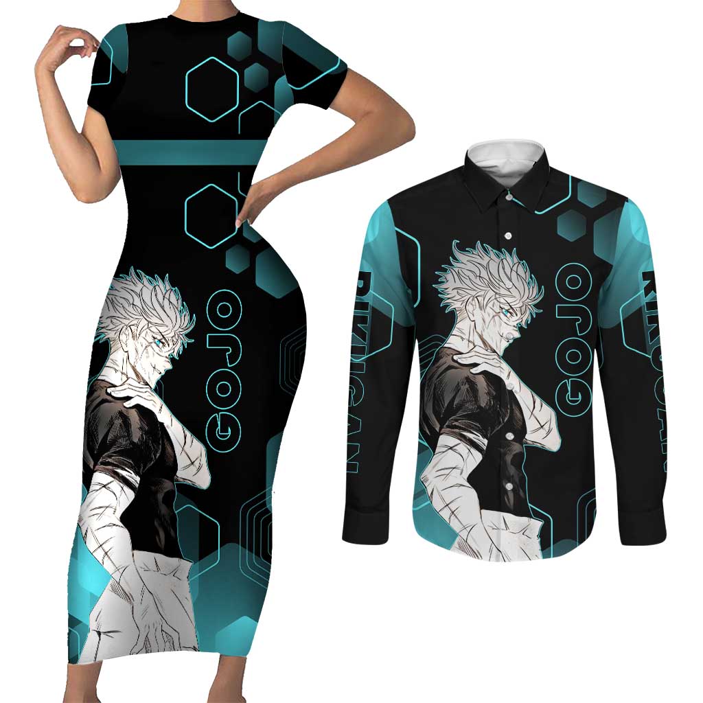 Gojo Satoru Jujutsu Kaisen Blue Hexagon Pattern Couples Matching Short Sleeve Bodycon Dress and Long Sleeve Button Shirt with Intense Expressions and Modern Anime Art - The Mazicc