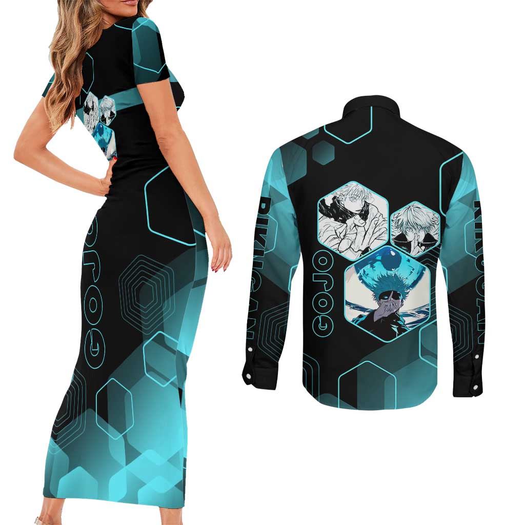 Gojo Satoru Jujutsu Kaisen Blue Hexagon Pattern Couples Matching Short Sleeve Bodycon Dress and Long Sleeve Button Shirt with Intense Expressions and Modern Anime Art - The Mazicc