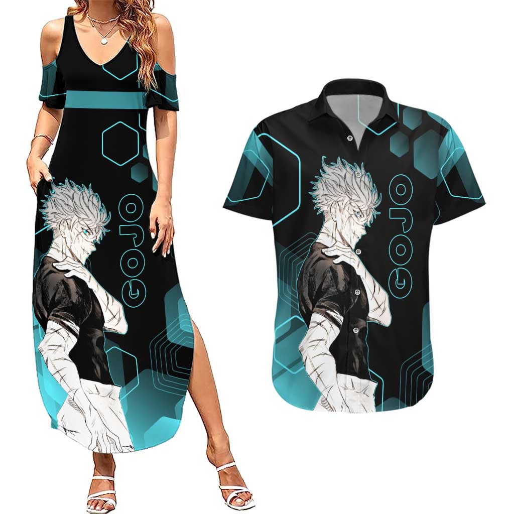 Gojo Satoru Jujutsu Kaisen Blue Hexagon Pattern Couples Matching Summer Maxi Dress and Hawaiian Shirt with Intense Expressions and Modern Anime Art - The Mazicc