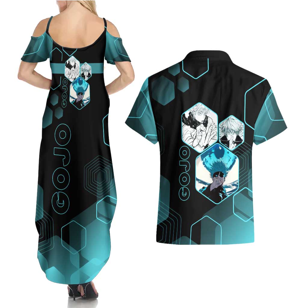 Gojo Satoru Jujutsu Kaisen Blue Hexagon Pattern Couples Matching Summer Maxi Dress and Hawaiian Shirt with Intense Expressions and Modern Anime Art - The Mazicc