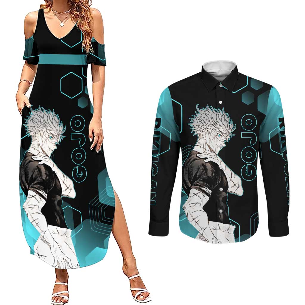 Gojo Satoru Jujutsu Kaisen Blue Hexagon Pattern Couples Matching Summer Maxi Dress and Long Sleeve Button Shirt with Intense Expressions and Modern Anime Art - The Mazicc