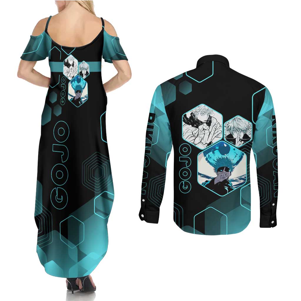 Gojo Satoru Jujutsu Kaisen Blue Hexagon Pattern Couples Matching Summer Maxi Dress and Long Sleeve Button Shirt with Intense Expressions and Modern Anime Art - The Mazicc