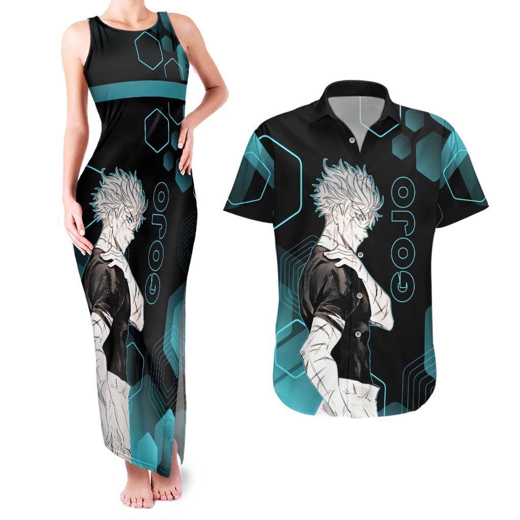 Gojo Satoru Jujutsu Kaisen Blue Hexagon Pattern Couples Matching Tank Maxi Dress and Hawaiian Shirt with Intense Expressions and Modern Anime Art - The Mazicc