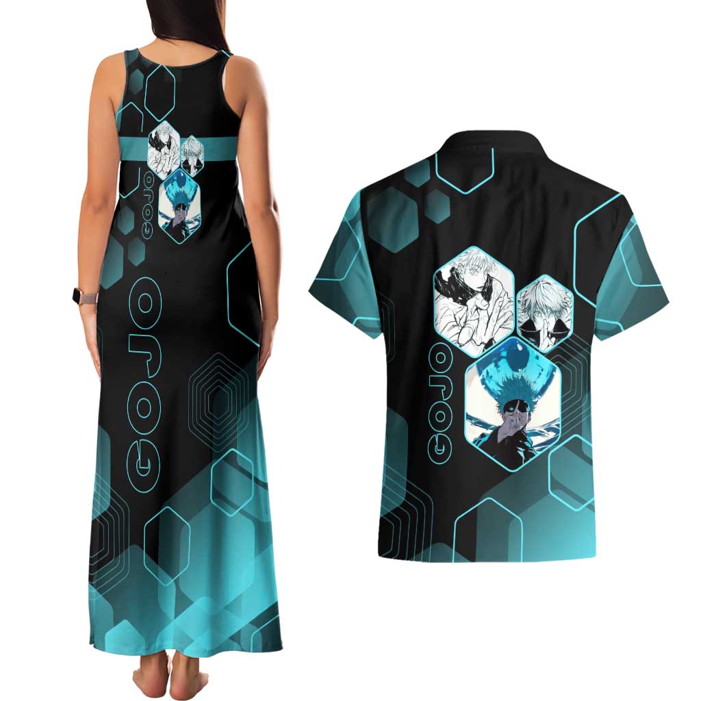 Gojo Satoru Jujutsu Kaisen Blue Hexagon Pattern Couples Matching Tank Maxi Dress and Hawaiian Shirt with Intense Expressions and Modern Anime Art - The Mazicc