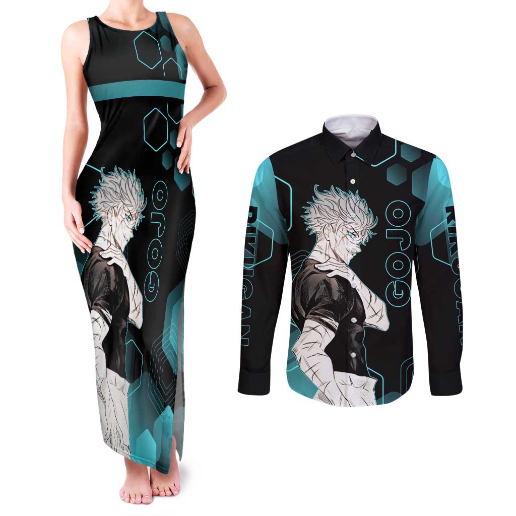 Gojo Satoru Jujutsu Kaisen Blue Hexagon Pattern Couples Matching Tank Maxi Dress and Long Sleeve Button Shirt with Intense Expressions and Modern Anime Art - The Mazicc