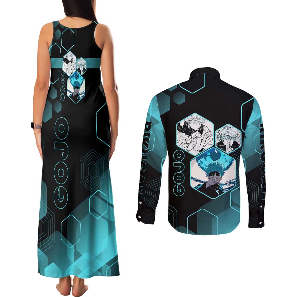 Gojo Satoru Jujutsu Kaisen Blue Hexagon Pattern Couples Matching Tank Maxi Dress and Long Sleeve Button Shirt with Intense Expressions and Modern Anime Art - The Mazicc