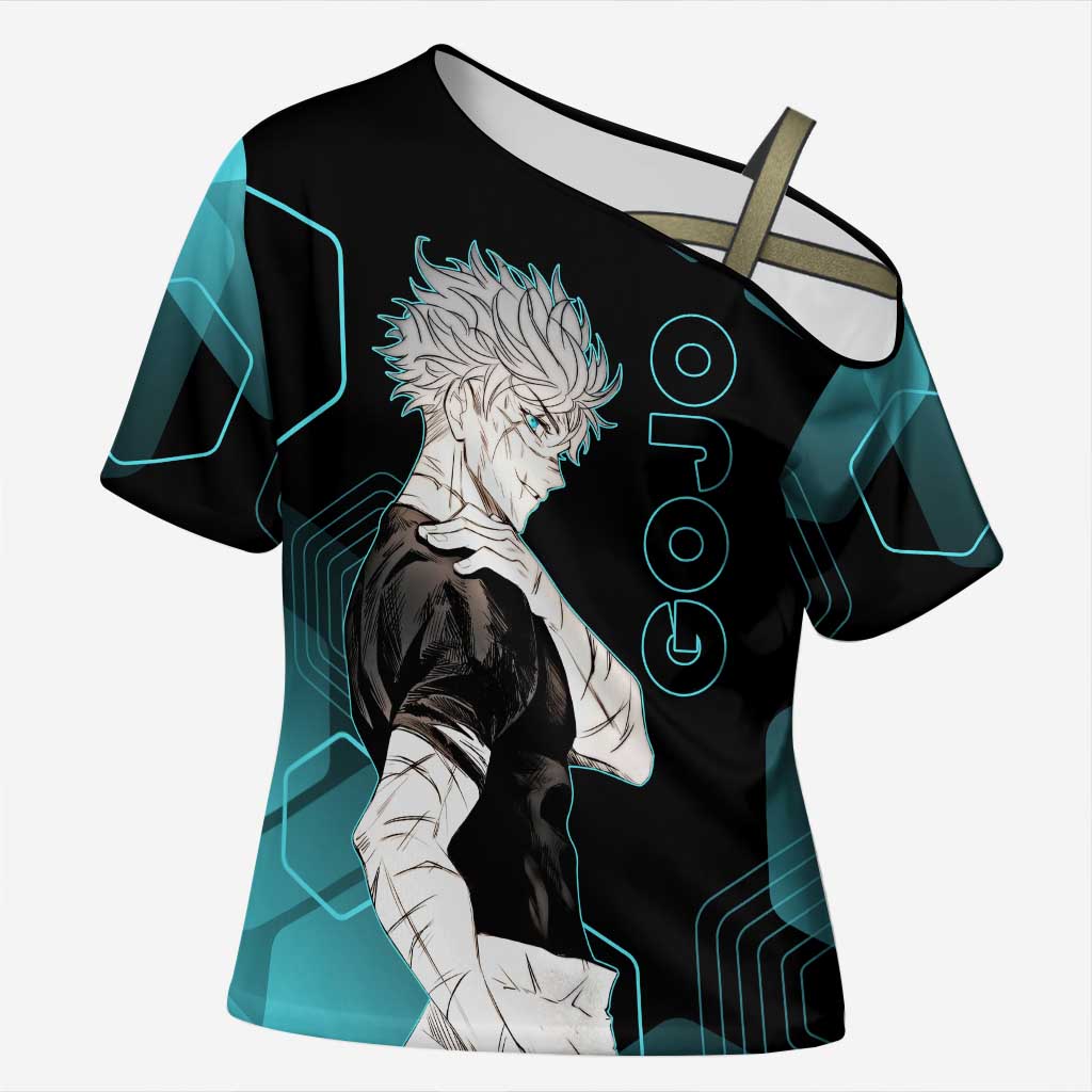 Gojo Satoru Jujutsu Kaisen Blue Hexagon Pattern Cross Shoulder Shirt with Intense Expressions and Modern Anime Art - The Mazicc