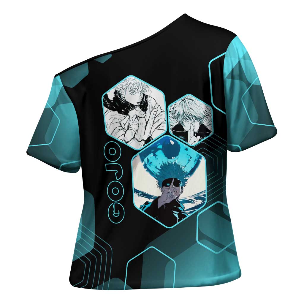 Gojo Satoru Jujutsu Kaisen Blue Hexagon Pattern Cross Shoulder Shirt with Intense Expressions and Modern Anime Art - The Mazicc