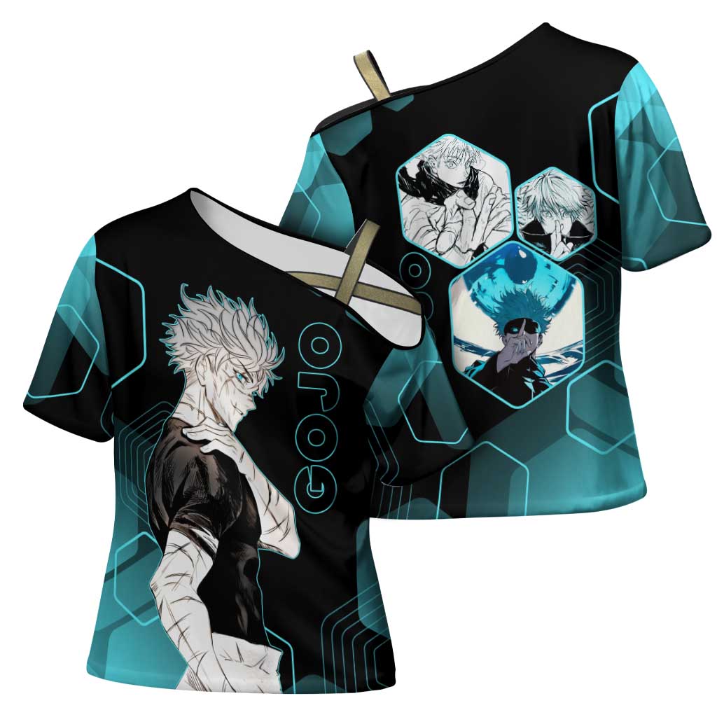 Gojo Satoru Jujutsu Kaisen Blue Hexagon Pattern Cross Shoulder Shirt with Intense Expressions and Modern Anime Art - The Mazicc