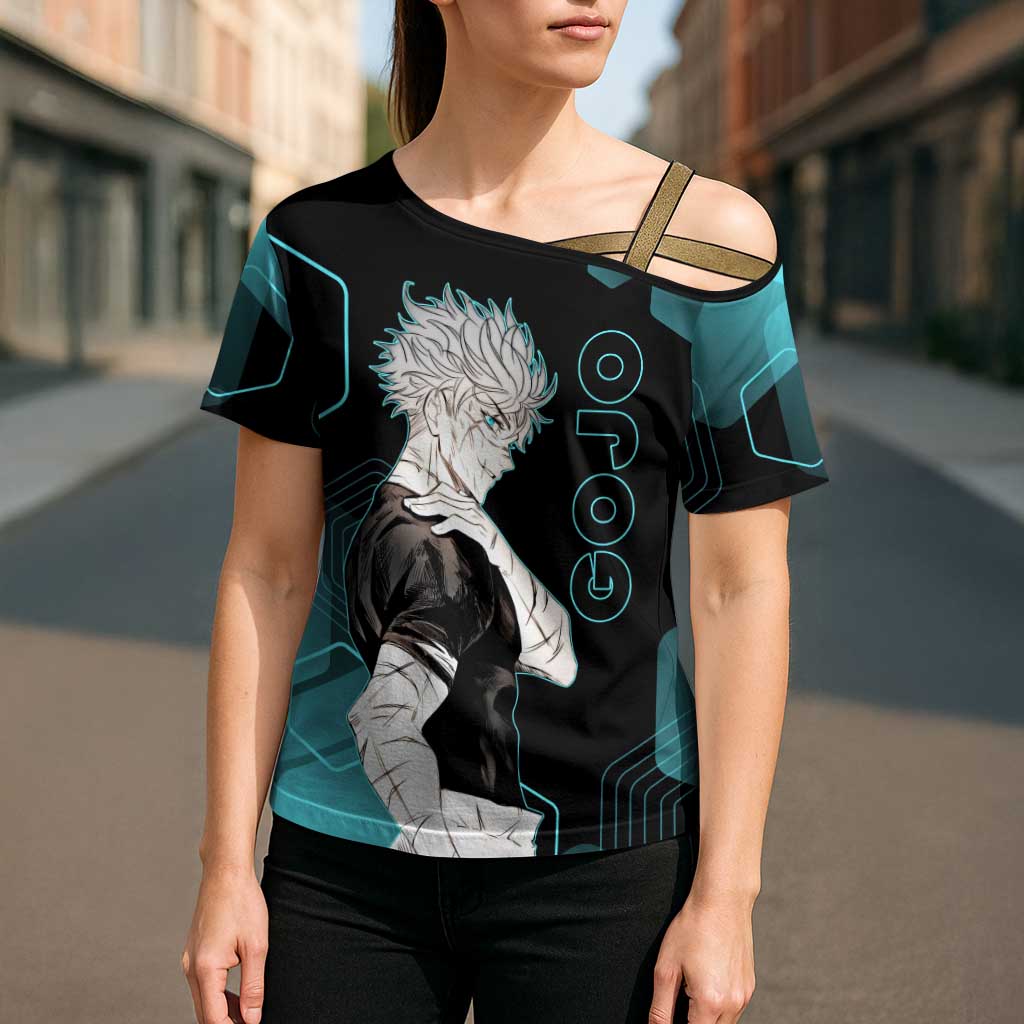 Gojo Satoru Jujutsu Kaisen Blue Hexagon Pattern Cross Shoulder Shirt with Intense Expressions and Modern Anime Art - The Mazicc