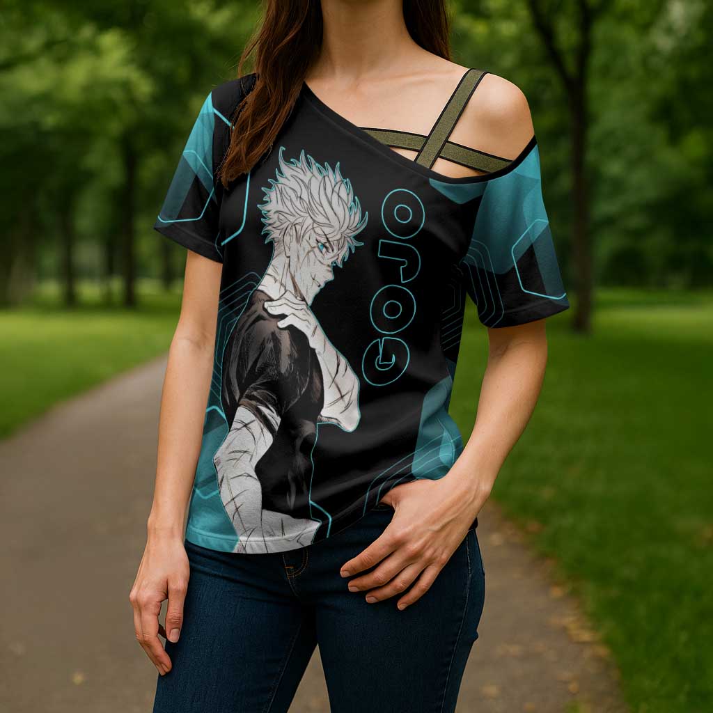 Gojo Satoru Jujutsu Kaisen Blue Hexagon Pattern Cross Shoulder Shirt with Intense Expressions and Modern Anime Art - The Mazicc
