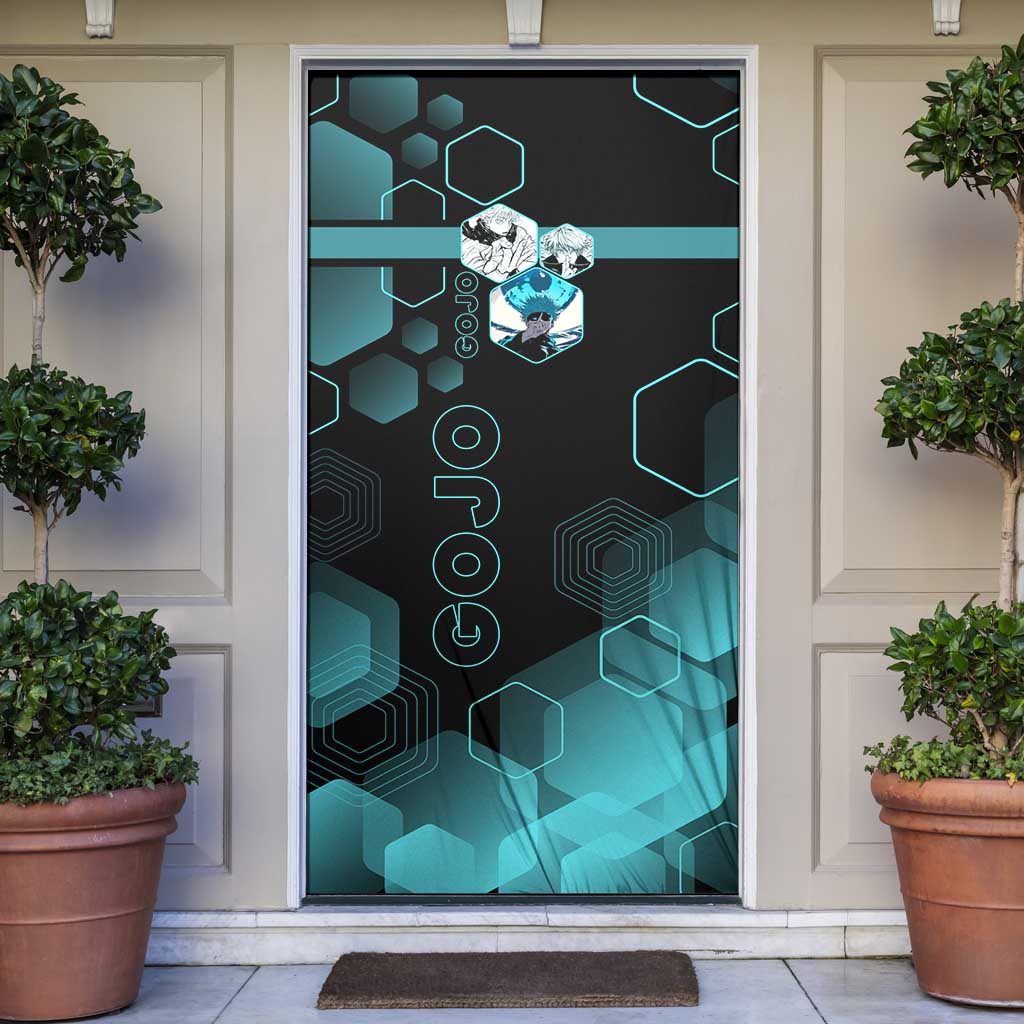 Gojo Satoru Jujutsu Kaisen Blue Hexagon Pattern Door Cover with Intense Expressions and Modern Anime Art - The Mazicc