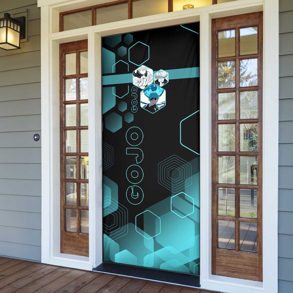 Gojo Satoru Jujutsu Kaisen Blue Hexagon Pattern Door Cover with Intense Expressions and Modern Anime Art - The Mazicc