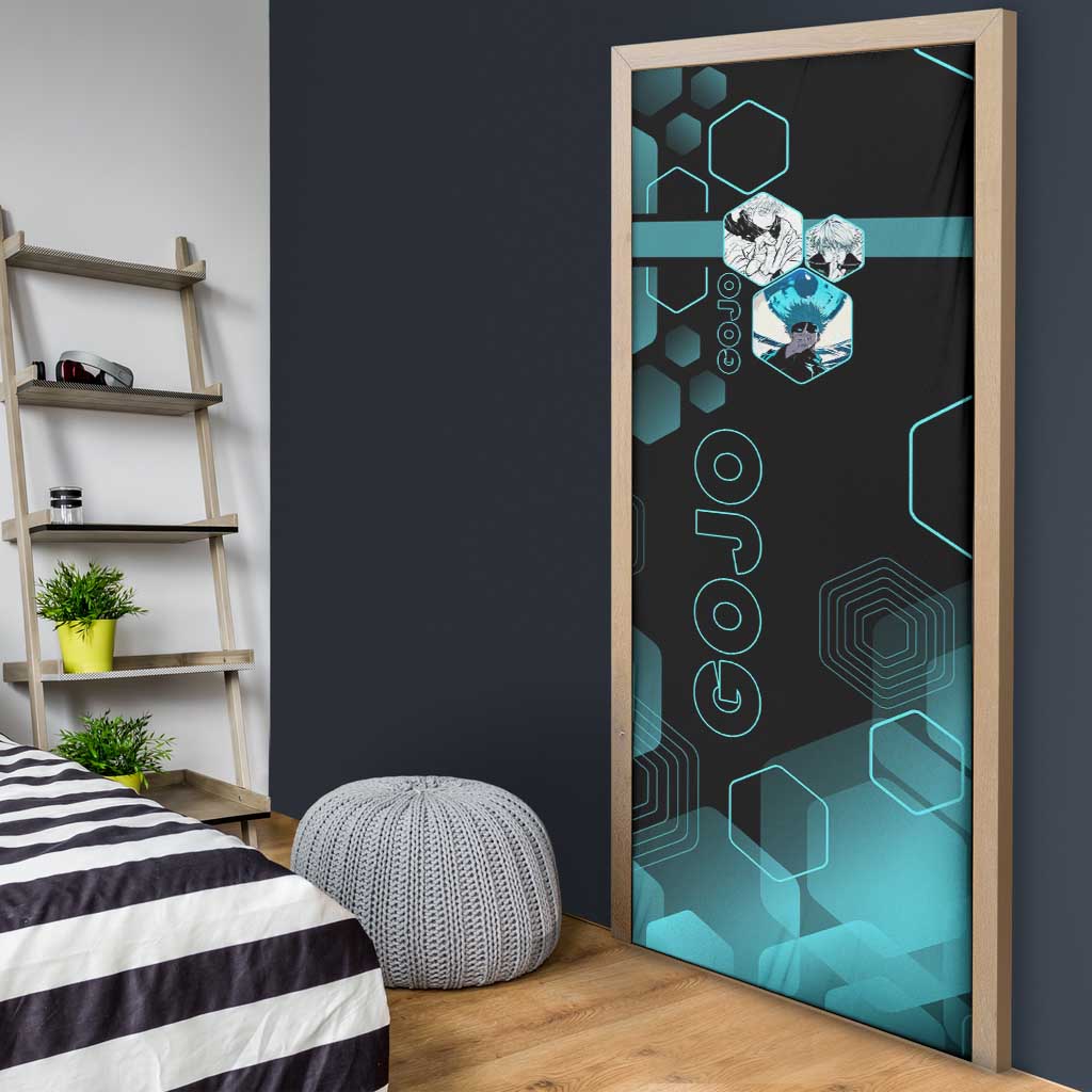 Gojo Satoru Jujutsu Kaisen Blue Hexagon Pattern Door Cover with Intense Expressions and Modern Anime Art - The Mazicc