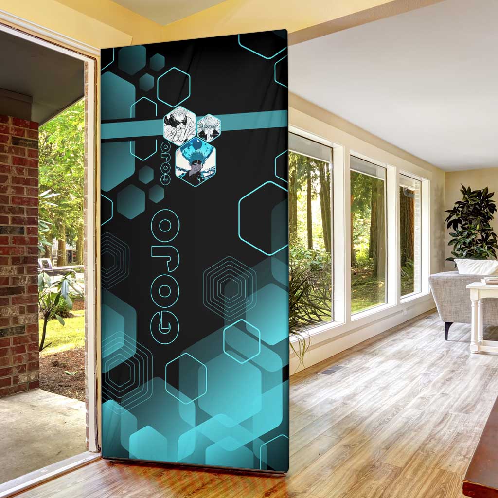 Gojo Satoru Jujutsu Kaisen Blue Hexagon Pattern Door Cover with Intense Expressions and Modern Anime Art - The Mazicc