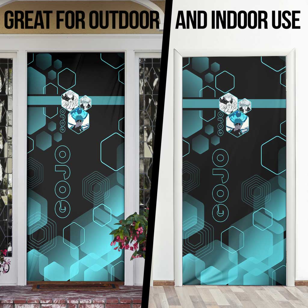 Gojo Satoru Jujutsu Kaisen Blue Hexagon Pattern Door Cover with Intense Expressions and Modern Anime Art - The Mazicc