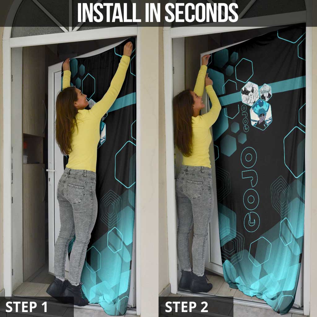 Gojo Satoru Jujutsu Kaisen Blue Hexagon Pattern Door Cover with Intense Expressions and Modern Anime Art - The Mazicc