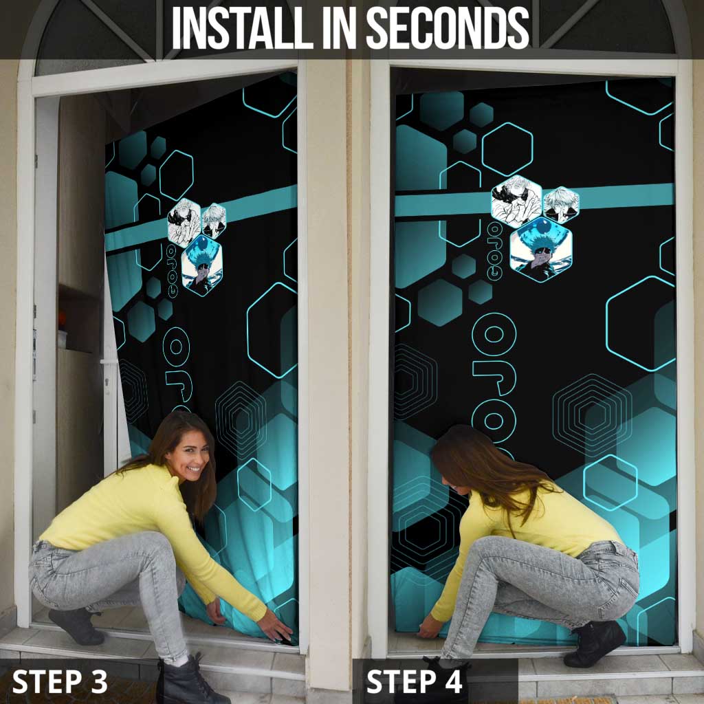 Gojo Satoru Jujutsu Kaisen Blue Hexagon Pattern Door Cover with Intense Expressions and Modern Anime Art - The Mazicc