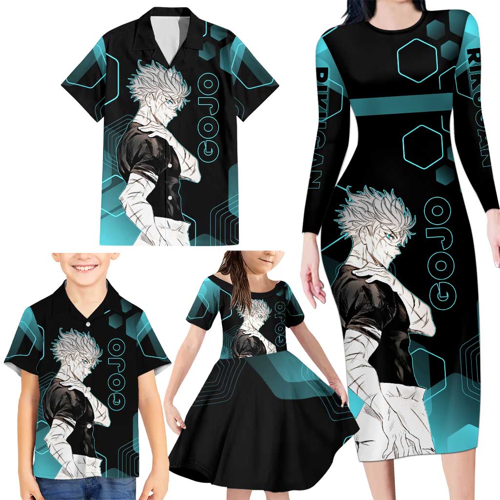 Gojo Satoru Jujutsu Kaisen Blue Hexagon Pattern Family Matching Long Sleeve Bodycon Dress and Hawaiian Shirt with Intense Expressions and Modern Anime Art