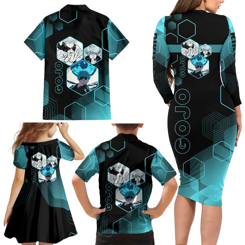 Gojo Satoru Jujutsu Kaisen Blue Hexagon Pattern Family Matching Long Sleeve Bodycon Dress and Hawaiian Shirt with Intense Expressions and Modern Anime Art