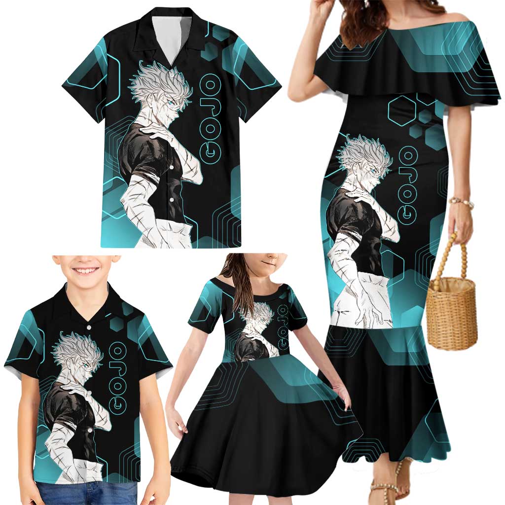 Gojo Satoru Jujutsu Kaisen Blue Hexagon Pattern Family Matching Mermaid Dress and Hawaiian Shirt with Intense Expressions and Modern Anime Art