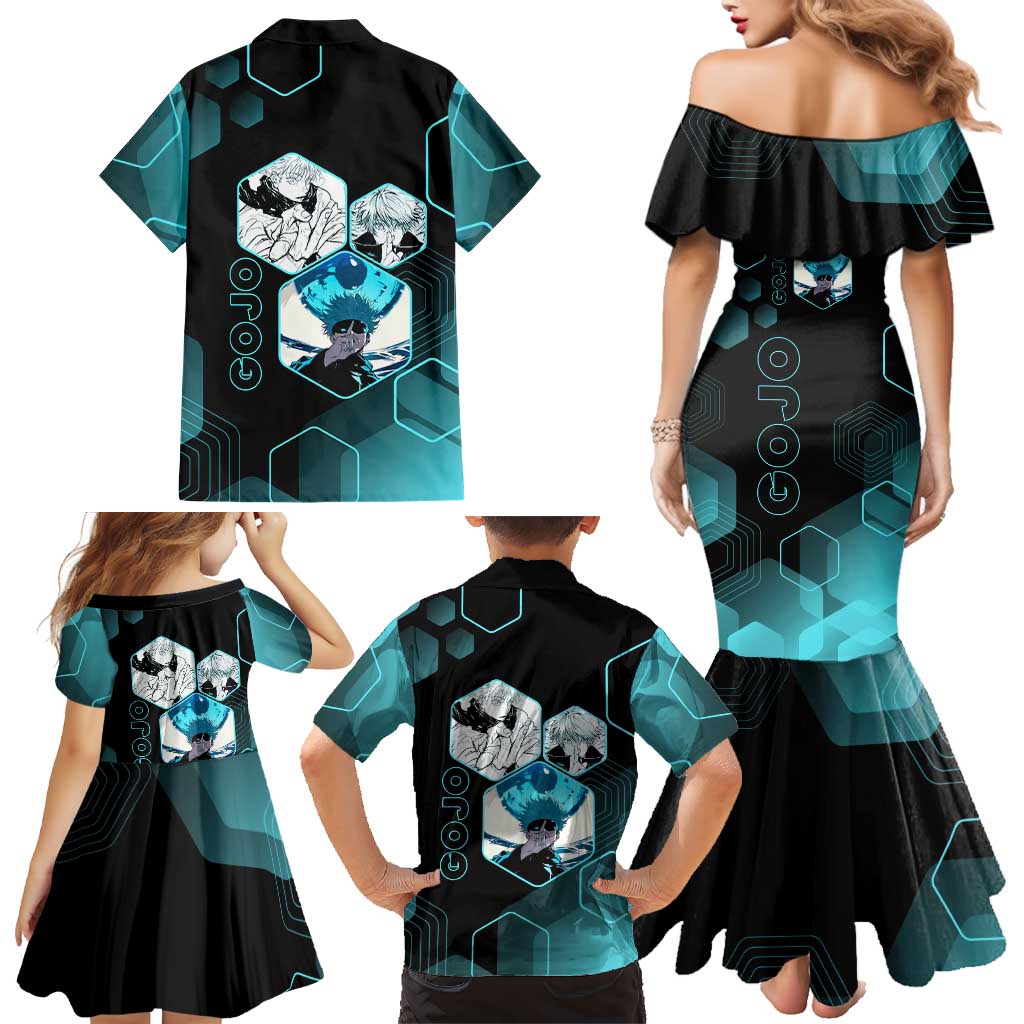 Gojo Satoru Jujutsu Kaisen Blue Hexagon Pattern Family Matching Mermaid Dress and Hawaiian Shirt with Intense Expressions and Modern Anime Art